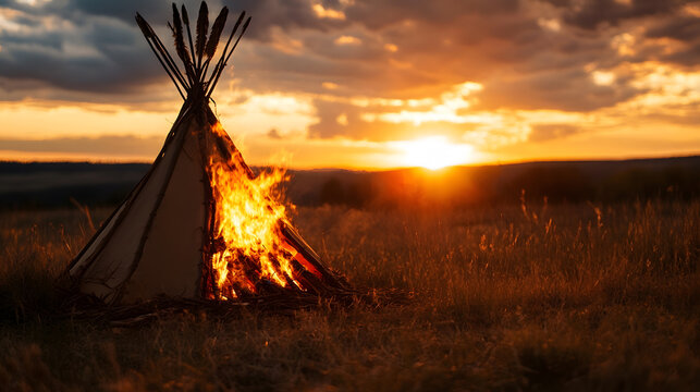 Rustic Tipi with Burning Fire at Sunset in Open Field : Generative AI