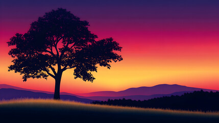 Sunset over mountains, lone tree silhouette, peaceful landscape, nature scene
