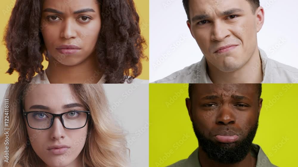 Poster four individuals display distinct emotions against bright backgrounds. each expression reflects uniq