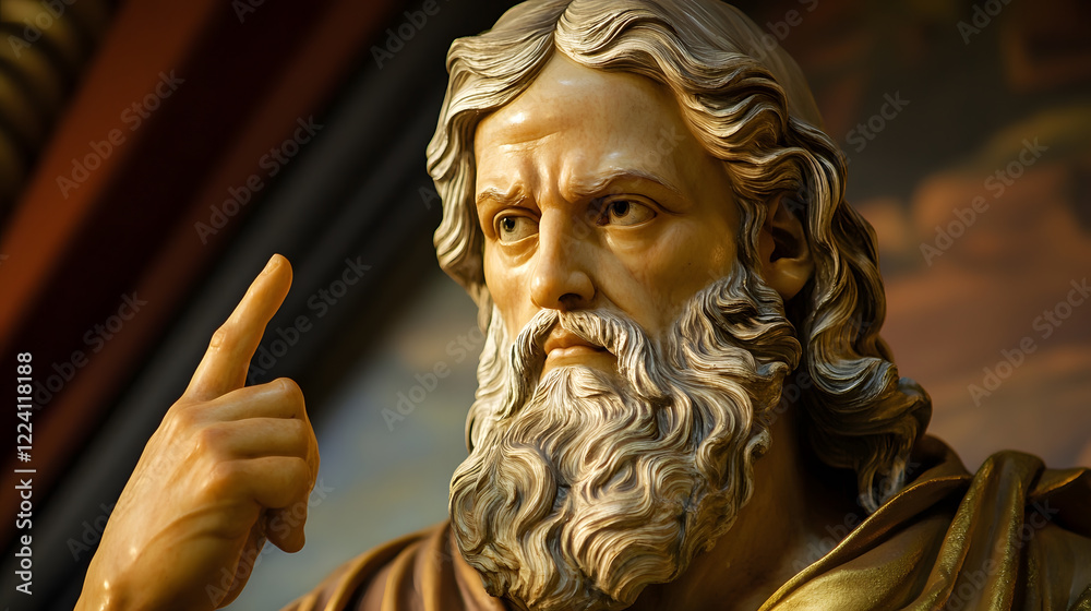 Poster detailed close-up of classical sculpture of bearded philosopher with raised finger : generative ai