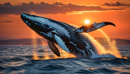 Obraz premium Majestic Humpback Whale Breaching at Sunset: A Spectacle of Nature