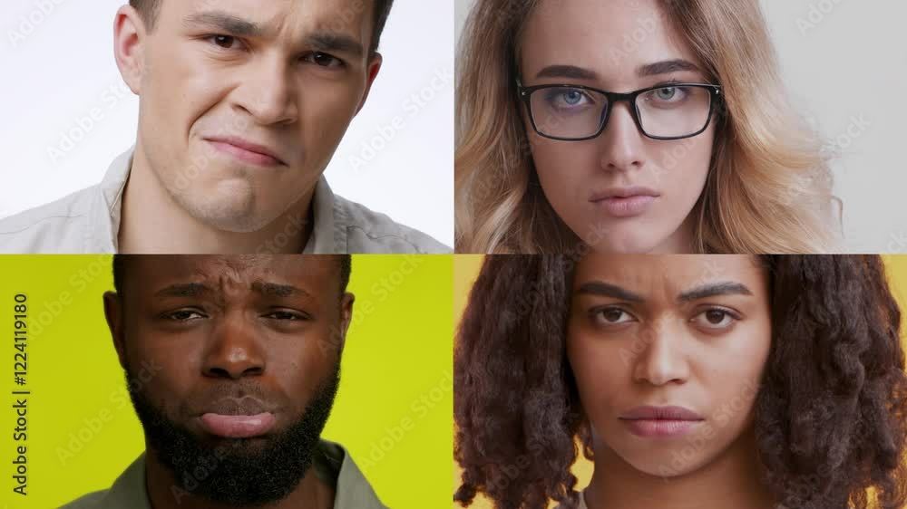 Poster Four individuals display a range of emotions through their expressions. This diverse collection features varied gestures and showcases the complexity of human feelings in an isolated format.
