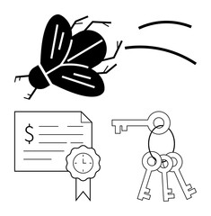 Black fly in motion, certificate with a seal and dollar sign, and a set of three keys. Ideal for concepts of security, value, flight, certification, achievement, freedom property abstract line flat