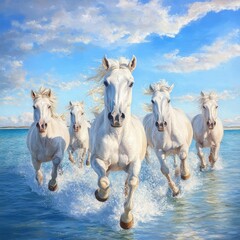 Obraz premium White horses galloping through clear water under a bright blue sky.