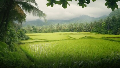Lush green rice paddies stretch across the landscape under a cloudy tropical sky