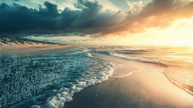 A serene beach landscape transitions into a digital ocean with binary code overlaid - Powered by Adobe