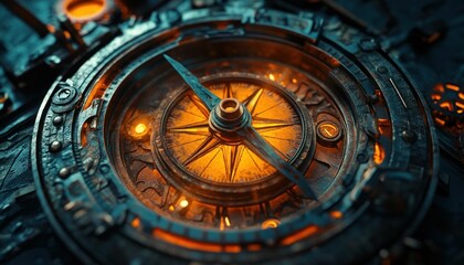 Naklejka premium Steampunk Compass with Glowing Accents, intricate details and aged metal