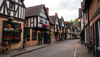 Charming English Village Street at Dusk with Tudor-Style Houses and Bicycles