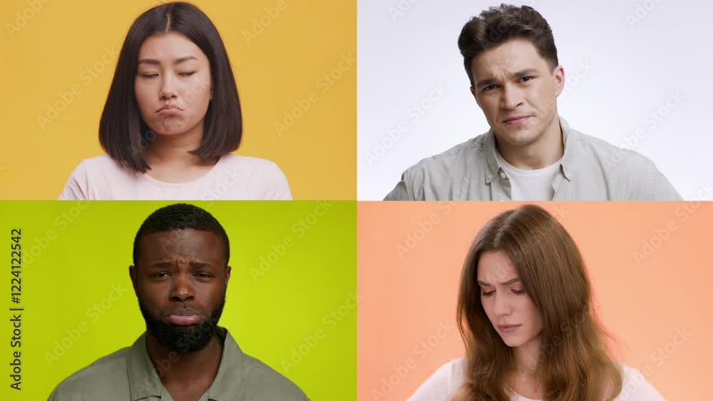 Poster four individuals showcase distinct emotions against colorful backgrounds. their expressions range fr