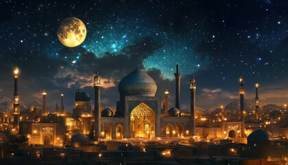 Fototapeta premium Majestic Mosque illuminated under a starry night sky with a full moon above a city