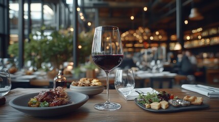 Naklejka premium Elegant wine glass with gourmet food in stylish restaurant setting with soft lighting