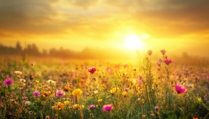 Naklejka premium Golden Sunrise Over a Meadow of Colorful Flowers Creating a Serene Atmosphere