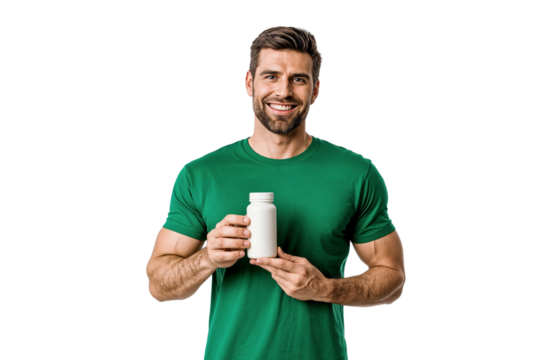 Smiling man with t-shirt holding a medicine bottle, isolated on transparent background