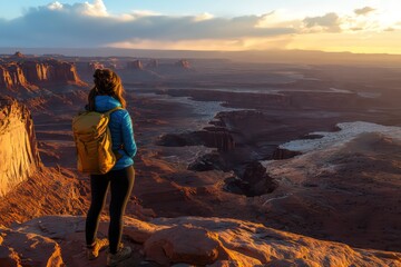 Naklejka premium A woman standing on a rocky outcrop, looking at a vast valley below during golden hour.