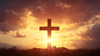 Illuminated Cross Against a Dramatic Sunset in a Tranquil Landscape : Generative AI
