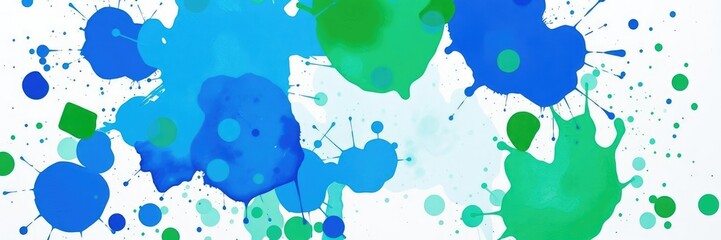 Naklejka premium A vibrant paint splatter on a white background with shades of blue and green dominating the scene, abstract art, creative chaos