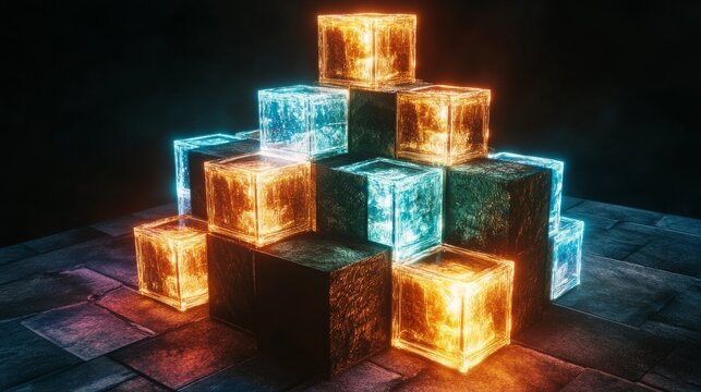 Glowing Neon Cubes Pyramid Design