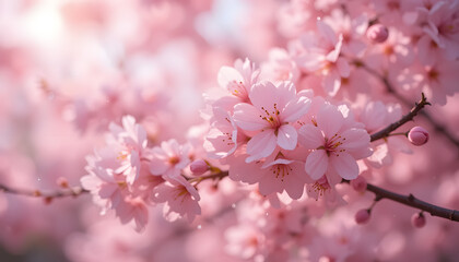 Fototapeta premium Close-up of delicate pink cherry blossoms in sunlight.