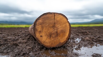 Fallen Tree Log on Wet Soil Under Dramatic Cloudy Sky in Nature Landscape