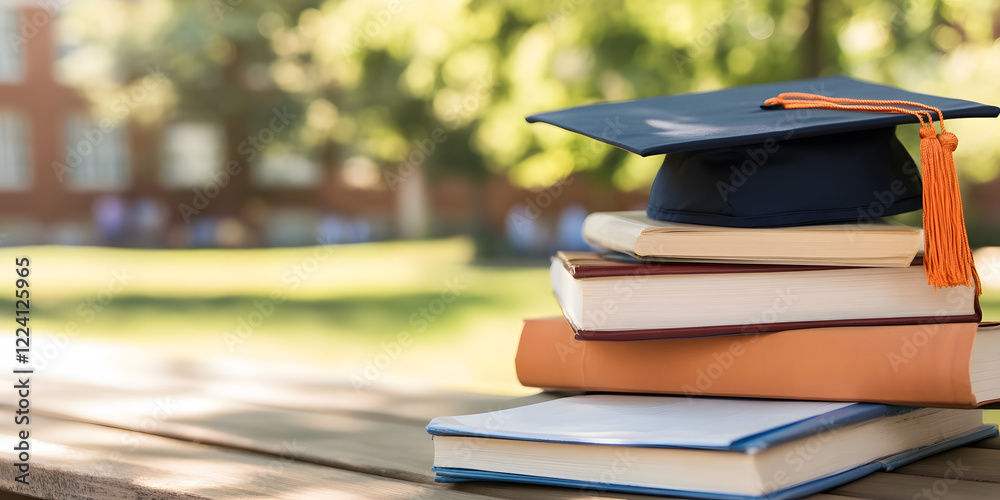 Poster graduation cap placed on books with blurred university background : generative ai
