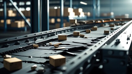 Damaged conveyor belt in warehouse, halted goods symbolizing downtime, maintenance, production, and repair

