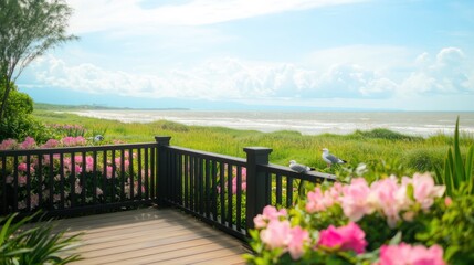 Serene Coastal View from Deck with Vibrant Flowers and Calm Ocean Waves Beneath Blue Sky