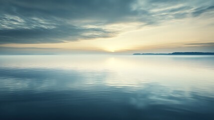 Fototapeta premium Serene Sunset Over Calm Water Mist Shrouded Landscape