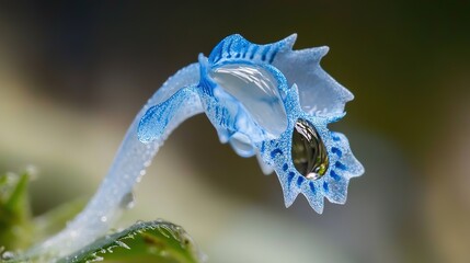Fototapeta premium Stunning Image Captures the Beauty of a Single Water Droplet on a Blue Petal Flower. A Mesmerizing Close-up of Nature's Delicate Detail