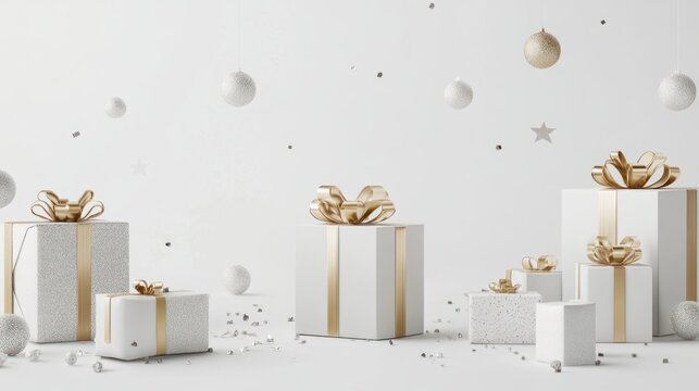 A stylish 3D discount coupon with bold typography, glittering decorations, and elegant gift boxes, on a clean white background - Powered by Adobe