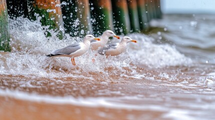 Seagulls Walking Along the Shoreline with Waves Splashing at Weathered Pier Posts