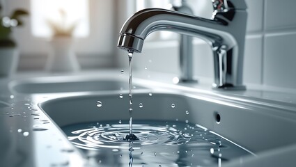 Leaking faucet with water drips creating a puddle, representing water wastage, plumbing, eco-friendly solutions, and home maintenance

