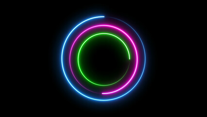 Abstract beautiful colorful neon circle frame loading icon on black background. Seamless looping circle photo frame with neon motion graphic on black background circle pattern.	
