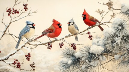 Winter Birds on Branches