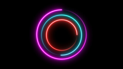 Abstract beautiful colorful neon circle frame loading icon on black background. Seamless looping circle photo frame with neon motion graphic on black background circle pattern.