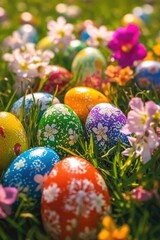 Colorful Easter Eggs in Field