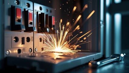 Malfunctioning circuit breaker panel with sparks, power surge, electrical hazards, and urgent repair needs

