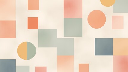Minimalist geometric background with squares and circles in soft muted pastel colors forming a balanced abstract pattern.