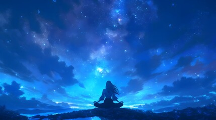 A serene figure sits under a star-filled night sky, promoting mindfulness and tranquility.