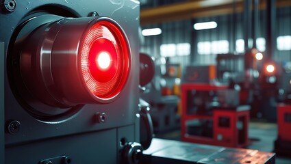 Faulty machine with flashing red warning light, representing safety protocols, repair services, maintenance, and malfunction hazards