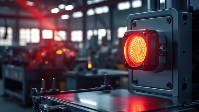 Faulty machine with flashing red warning light, representing safety protocols, repair services, maintenance, and malfunction hazards

