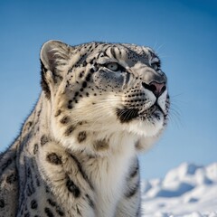 A snow leopard sniffing the air under a clear blue sky in a white winter setting.