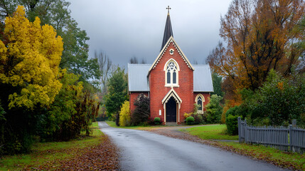 Charming Country Church Surrounded by Lush Autumn Foliage in Serene Rural Setting : Generative AI