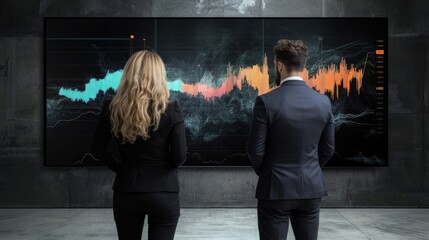 Corporate synergy: business duo in front of dynamic screen with colorful digital chart, showcasing stock market fluctuations, financial forecasting, economic growth, and strategic in modern business .