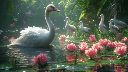 Swan family swimming in lotus pond, lush greenery background