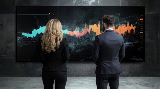 Corporate synergy: business duo in front of dynamic screen with colorful digital chart, showcasing stock market fluctuations, financial forecasting, economic growth, and strategic in modern business .