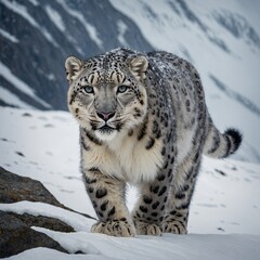 A snow leopard walking along the edge of a steep, icy ridge with snow blowing in the wind.