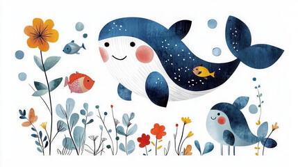 Fototapeta premium Whale cartoon illustration with colorful fish and flowers, perfect for kids coloring activities, sparking creativity and joy