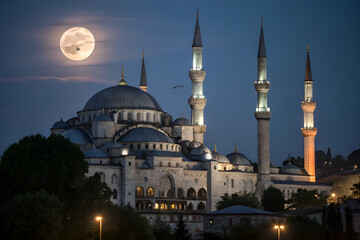 Fototapeta premium blue mosque at night. mosque in night. soft black silhouette mosque. Prayer Hall Grand Mosque . old historical mosque . mosque background image. 3d beautiful mosque.