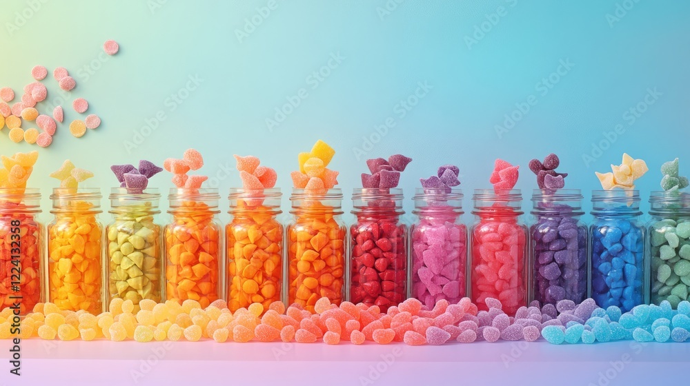 Poster a candy buffet with jars of vibrant candies, arranged in a gradient of colors, creating a fun and co