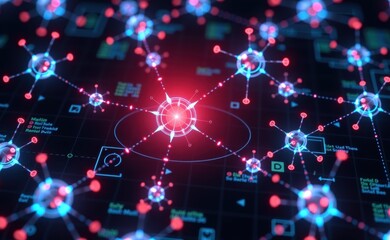 A vibrant 3D illustration of a molecular network with glowing blue and red nodes, symbolizing connectivity, innovation, and advanced technology concepts like AI, blockchain, and data structures.